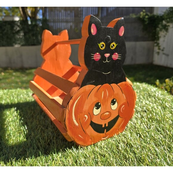 Vtg Halloween Jack O Lantern Black Cat Wooden Basket Planter Double Sided Signed - Picture 1 of 8
